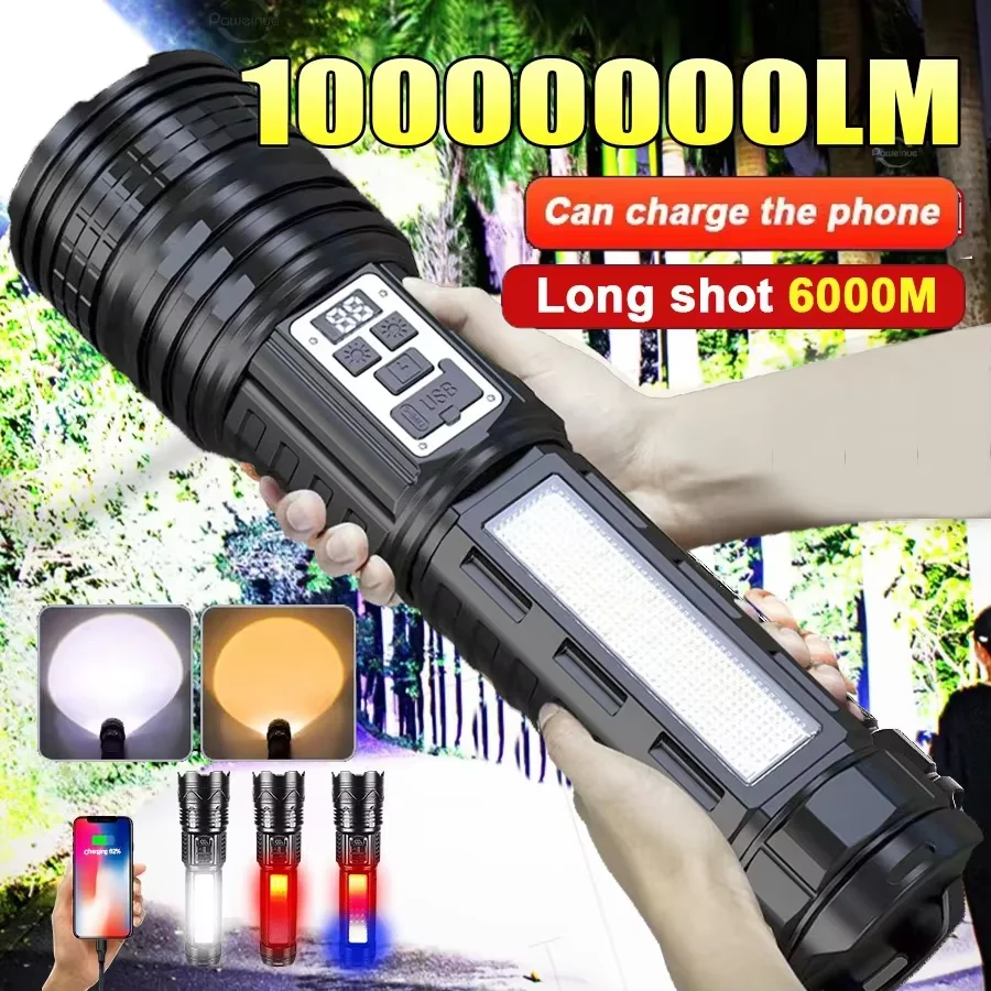 High Power Flashlight Super Big Flashlight Rechargeable Most Strong LED Flash Light Long Range Torch Outdoor Built in Battery