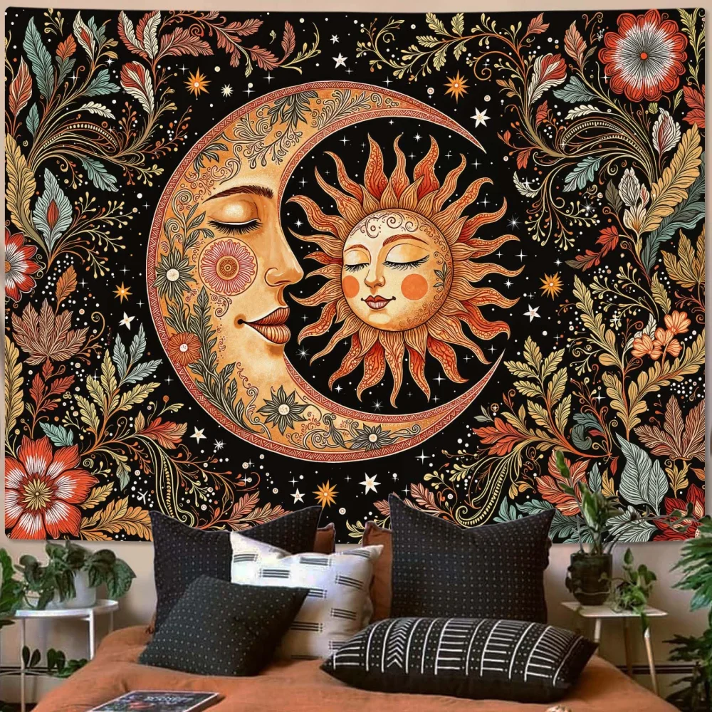 VIKAMA Vintage Sun and Moon Tapestry Bohemian Hippie Living Room Bedroom Dormitory Wall Hanging Home Decor