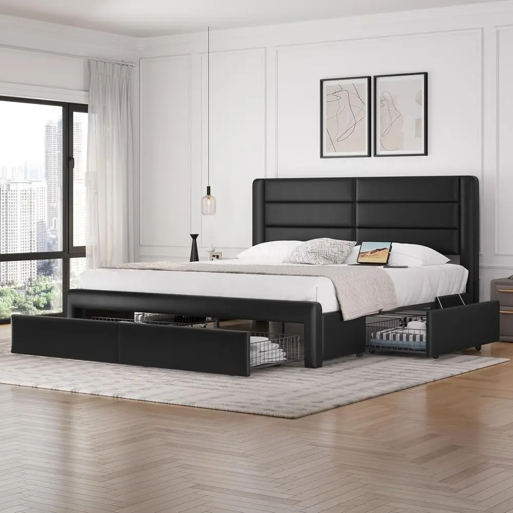 

Leather King Size Bed with 2 USB Ports, 4 Storage Drawers, No Box Spring Needed, Black