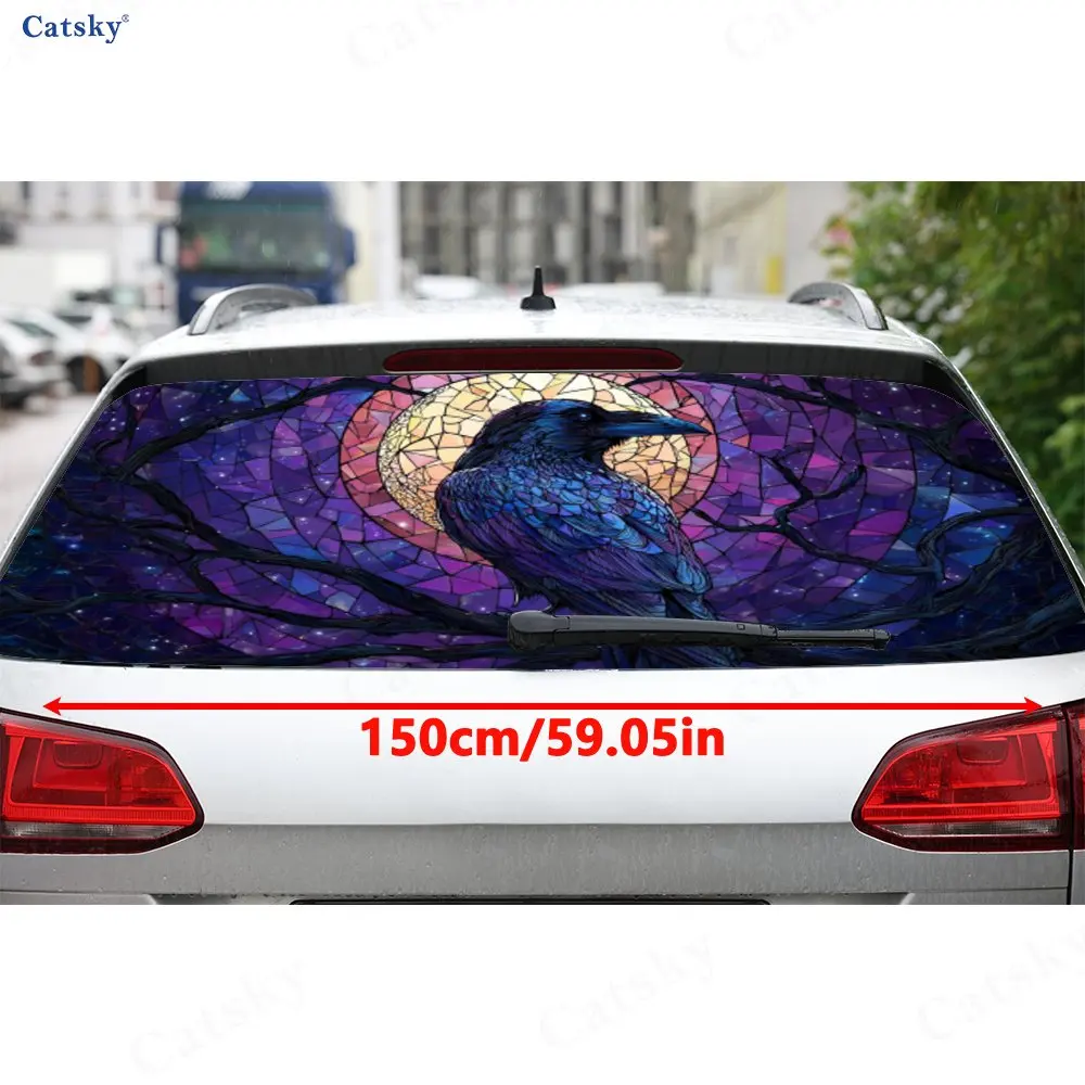 Gothic Moon Raven PVC Perforated Car Vinyl Wraps, Durable Car Rear Windshield Sticker, Waterproof Car Rear Window Decal