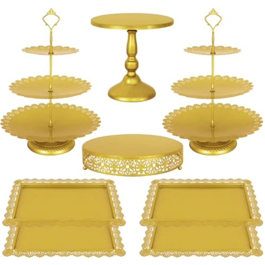 

Набор из 8 предметов: подставка для торта из золотистого металла, 3-ярусная подставка для кексов, выставочная стойка для десертов и поднос для печенья