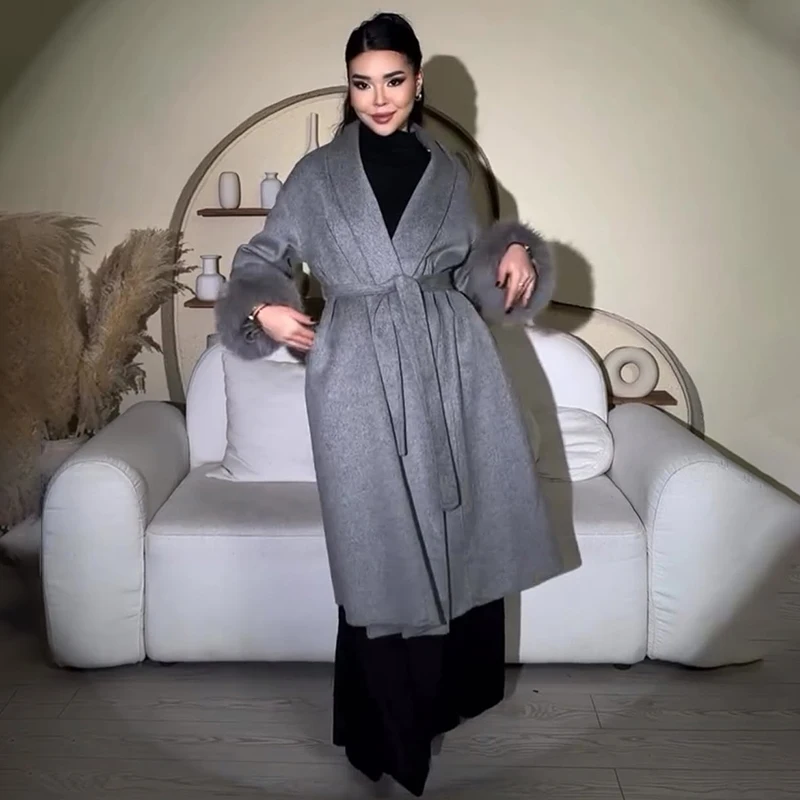 TARUXY الثعلب الفراء الصوفية معاطف طويلة المرأة مكتب سيدة للإزالة معطف أنيق على الوجهين معطف الصوف 2025 سترة سترة جديدة