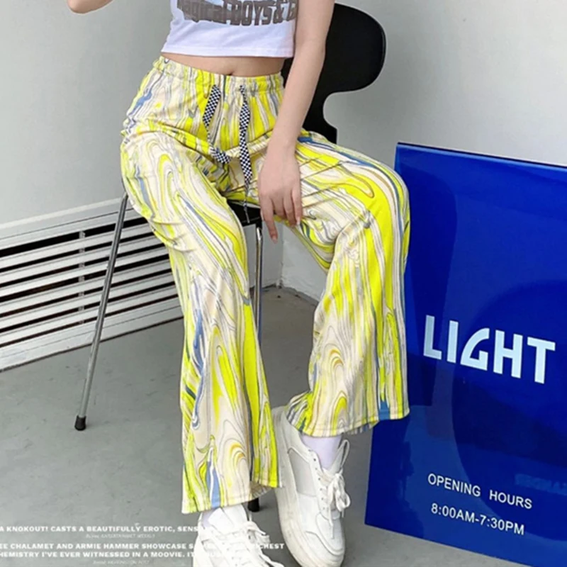 Rainbow Striped Tie Dye Pants Women Summer Thin Casual Wide Leg Pants High Waisted Loose Drawstring Harajuku Y2K Street Trousers