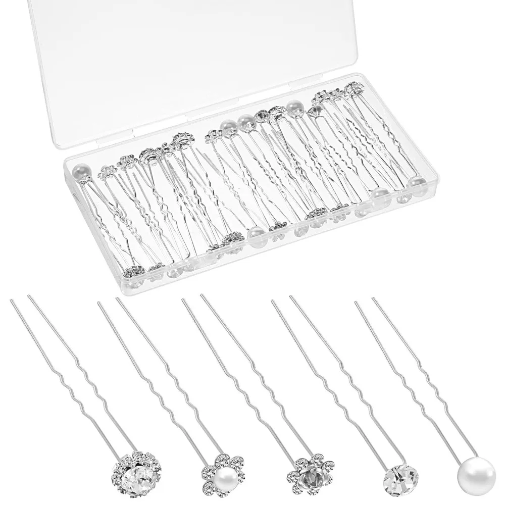 40 Pcs Pearl and Rhinestone Bridal Hair Pins, Wedding Pearl Hair Pins U Shape Rhinestone Flower Hairpins Silver Hairs Jewelry