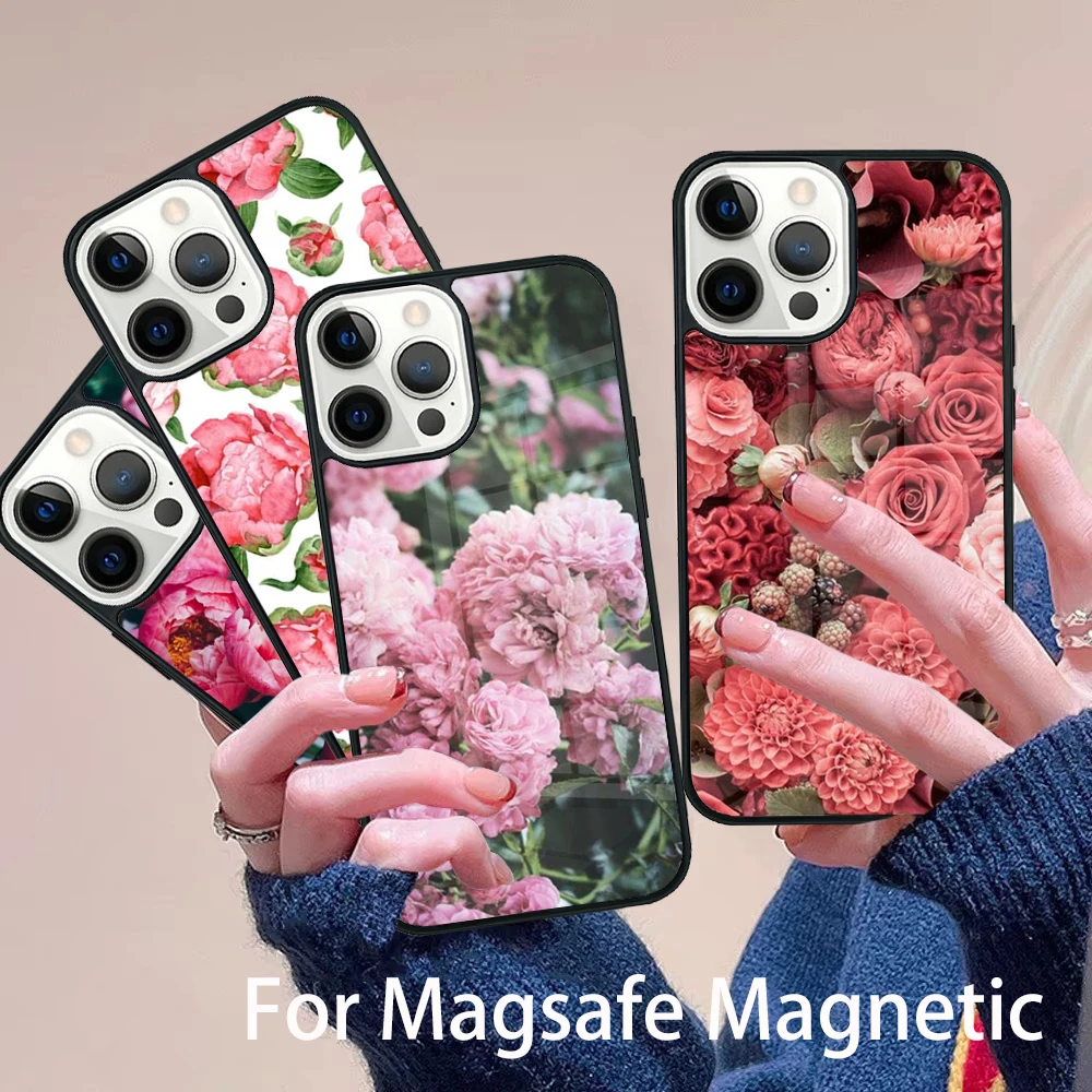 

Pink Peonies Floral Phone Case Magesafe Magnetic Wireless Charge Cover For IPhone 16 11 12 13 14 15 Pro Max Plus Mini
