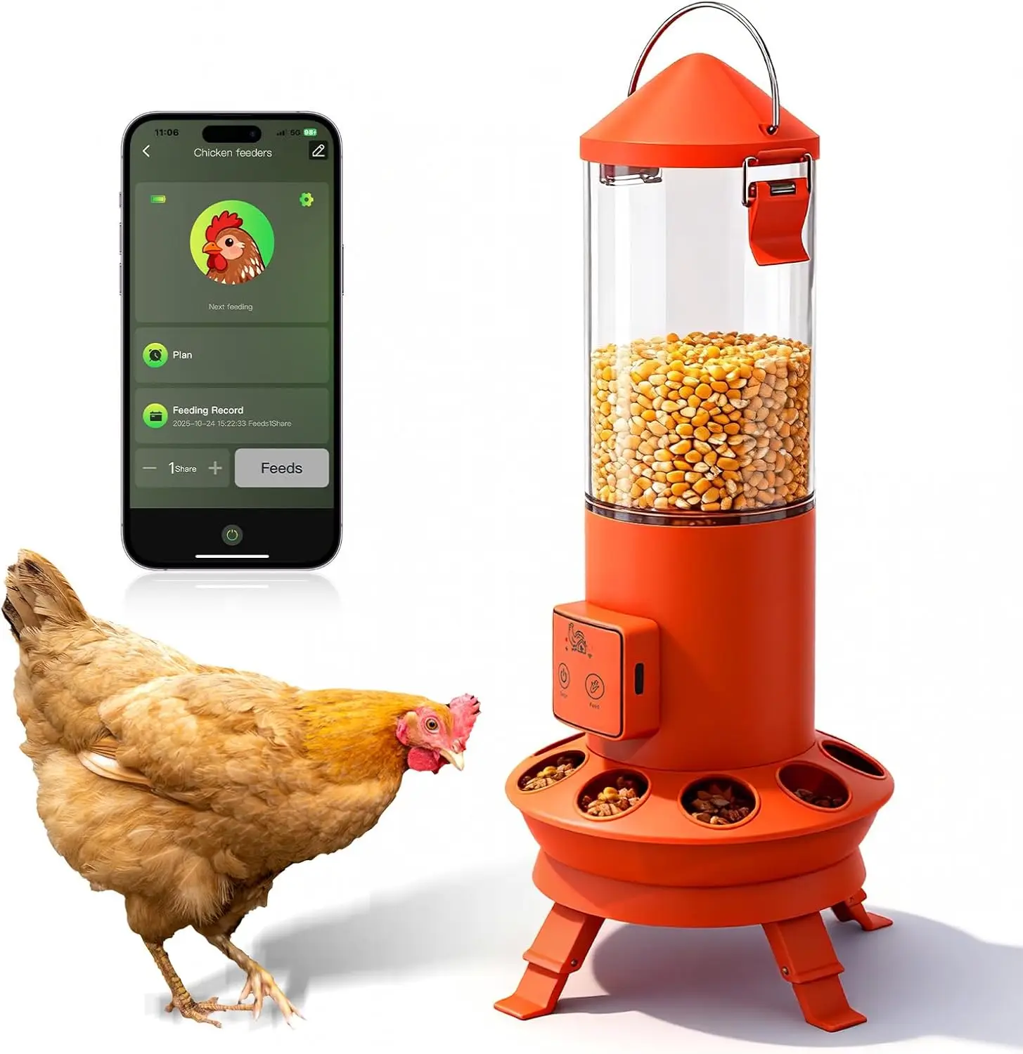 

Smart WiFi Chicken Feeder with App Control, Timed Feeding, Low Feed Alert, 3.5L Capacity for Poultry