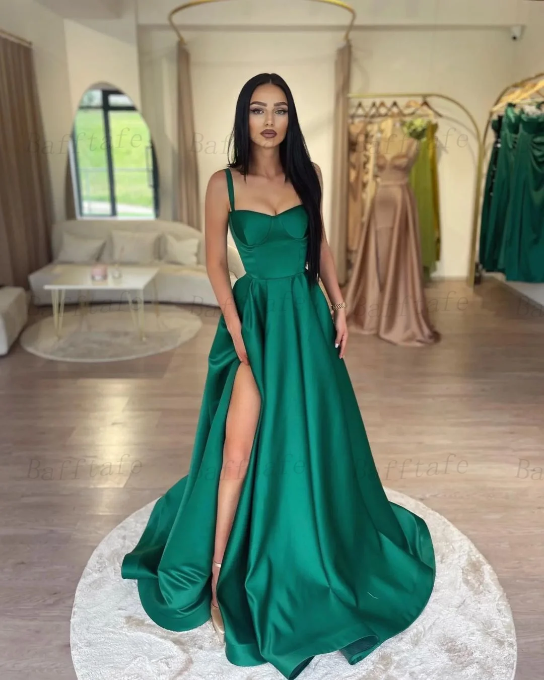 

Bafftafe Simple Green Long Prom Evening Dresses Customized Straps Women Special Party Gowns Leg Slit Formal Birthday Dress 2025