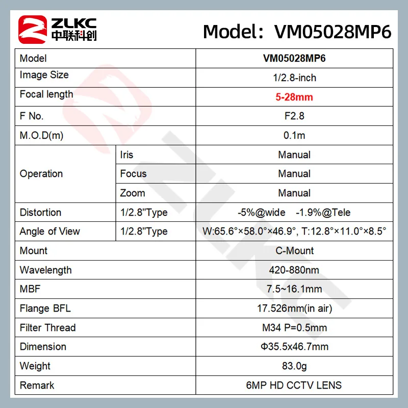 ZLKC zoom lens 5-28mm 1/2.8'' sensor size camera CCTV C-mount F2.8 manual zoom lens 6Megapixels high resolution camera lenses