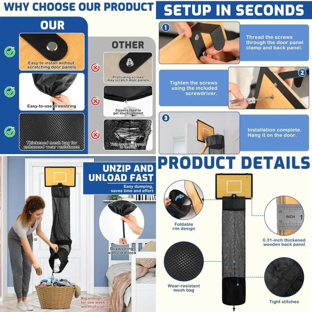 

Wooden Basketball Laundry Hamper, Over the Door Hanging Basketball Hoop Laundry Basket with Dstring, Space Saving Dirty Clothes