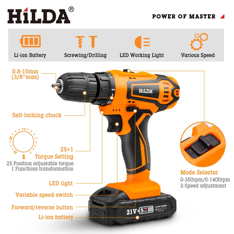 HILDA Electric Drill Cordless Screwdriver Lithium Battery  Mini Drill Cordless Screwdriver Power Tools Cordless Drill