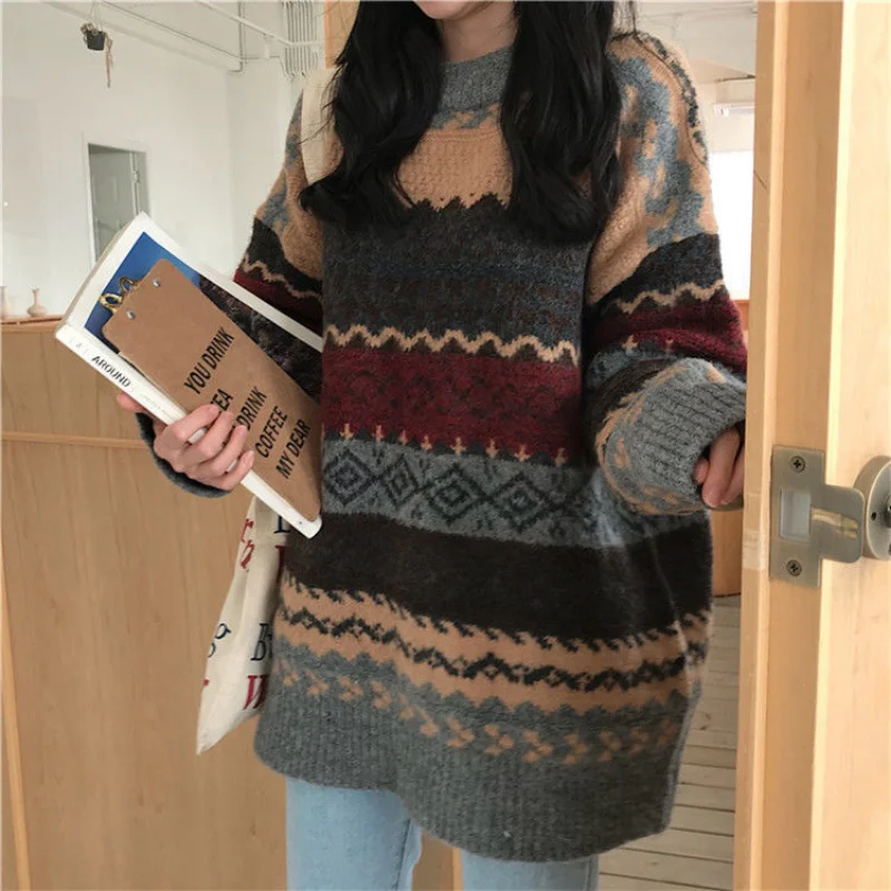 New Vintage Sweater Women\'s Pullover Winter Striped Pullover Korean Version Loose Pullover Knitted Casual Loose Sweater Women