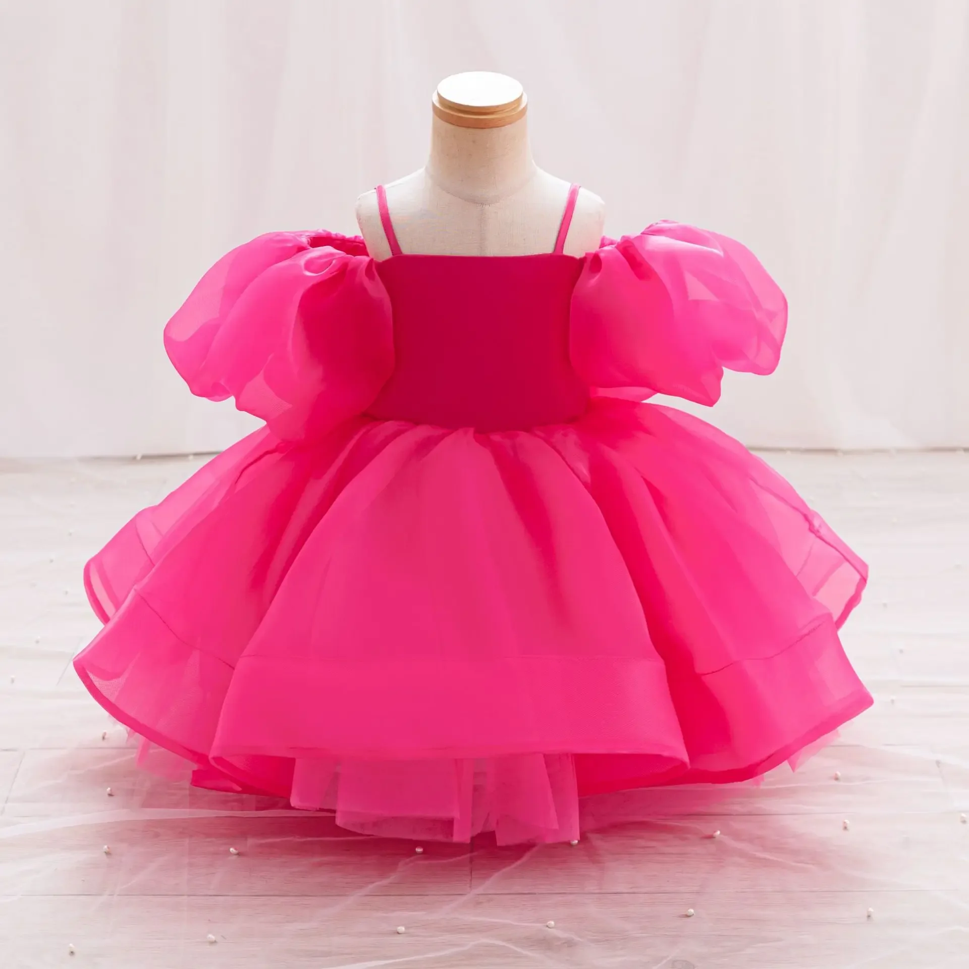 Children's Dresses Puff Sleeve Sling Princess Birthday Party Tulle Dress For Girls Performance Fluffy Gown 2-6 Years