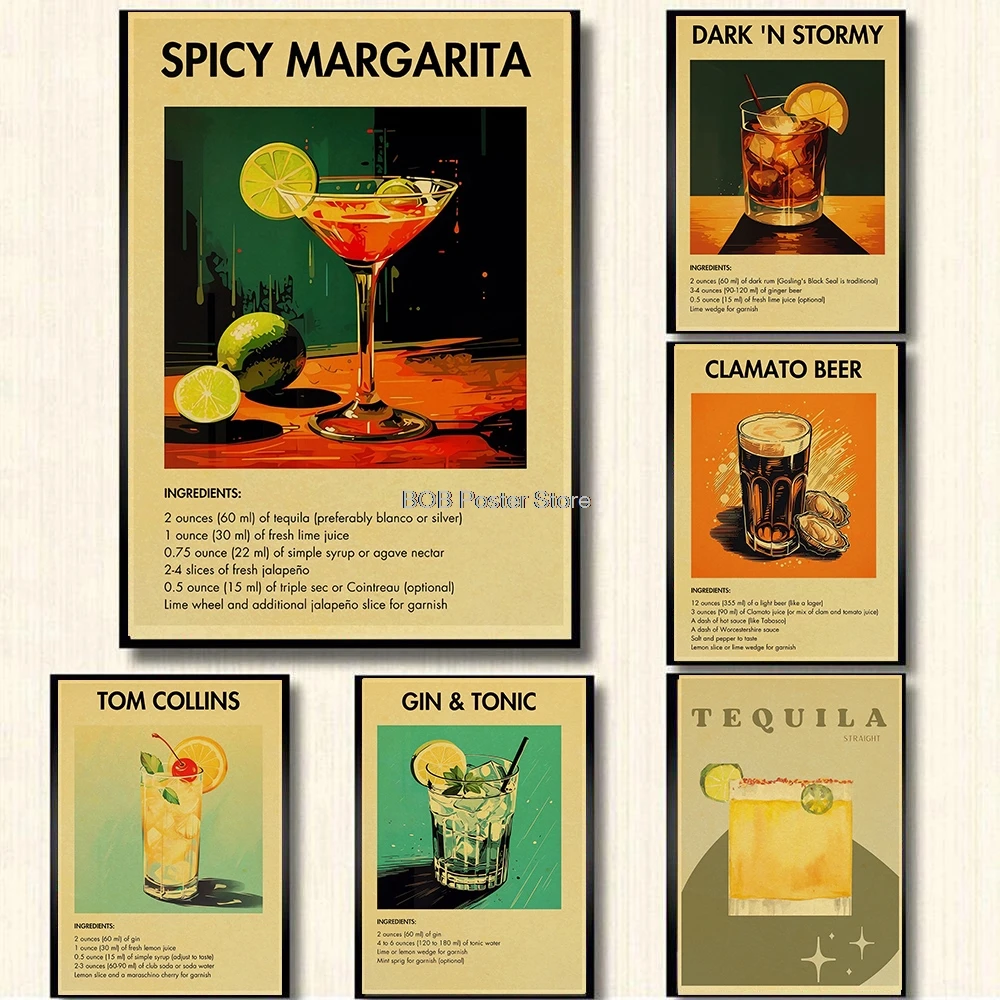 Classic Summer Bar Mixing Steps Poster Vintage Kraft Paper Cocktail Mojito Paloma Whiskey Tequila Cafe Art Wall Decal Decoration