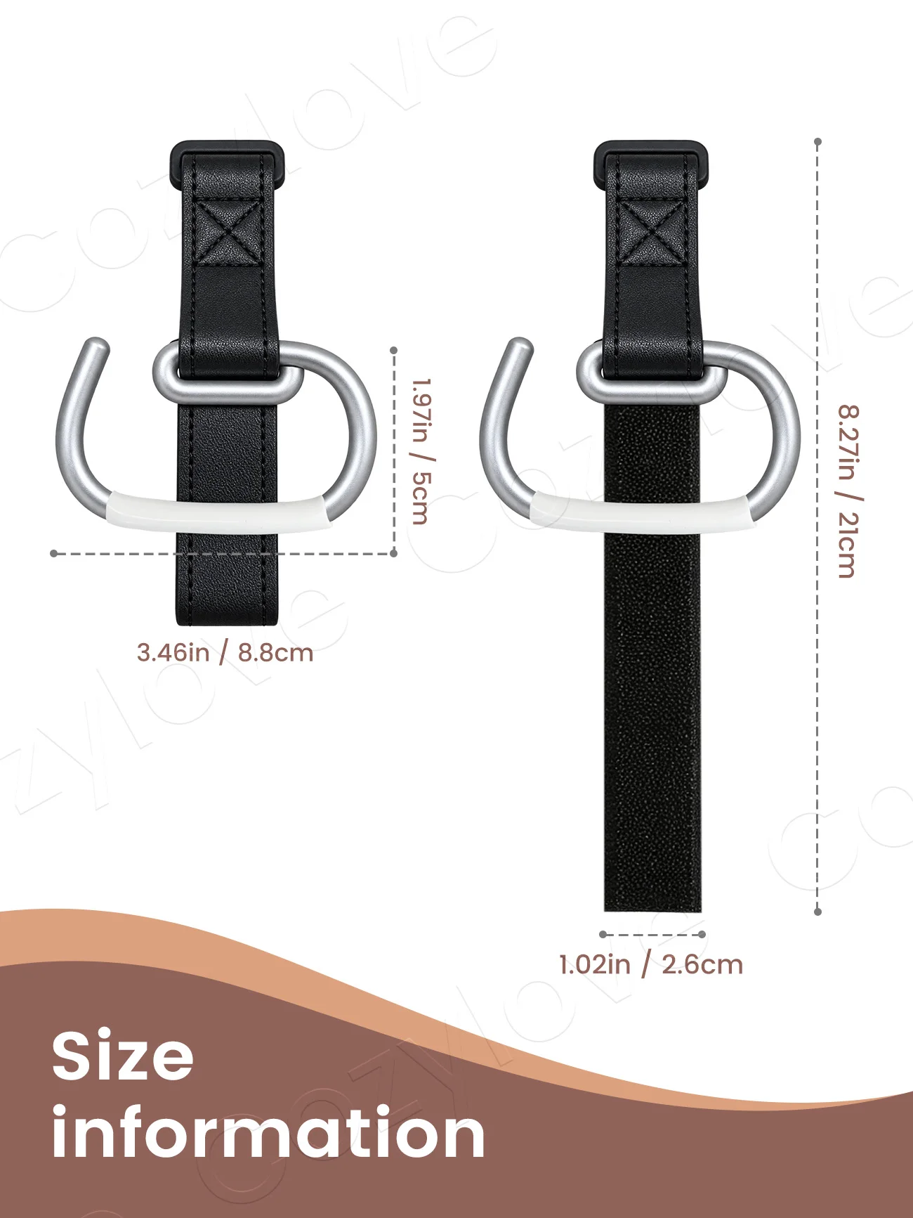 Baby Stroller Hooks 2 Pack PU Leather Strap Stroller Hanger Clip Universal Pram Hook for Diaper Bags Grocery Shopping Bags