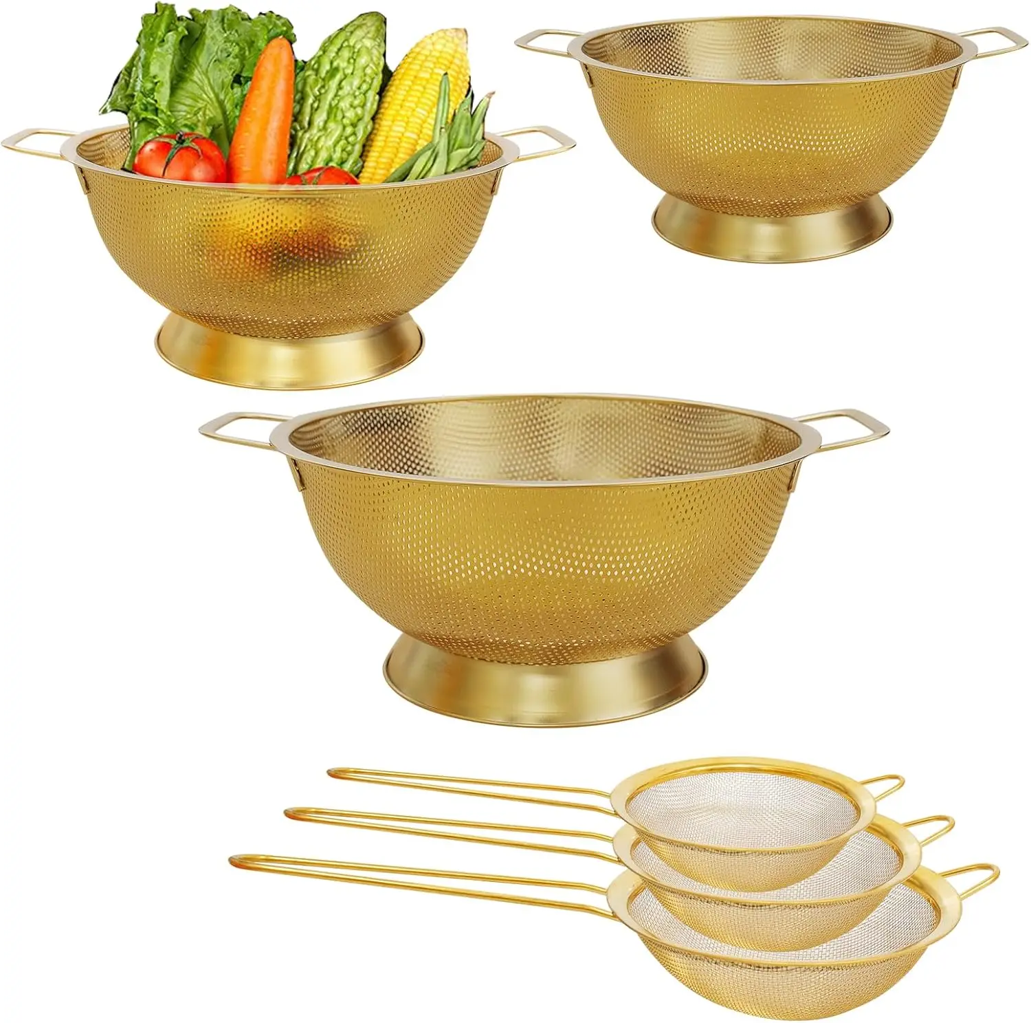 

3 Pcs Stainless Steel Gold Colander and 3 Pcs Fine Mesh Strainer Set,1/3/5 Quart Metal Mesh Basket with Handles for Kitc