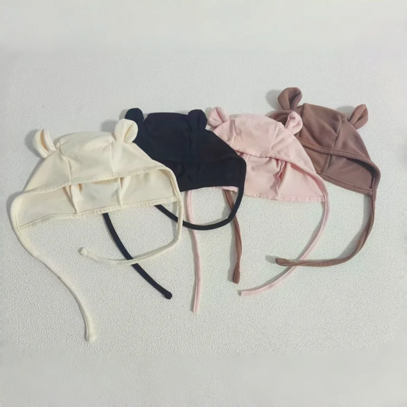 Spring Autumn Baby Bear Ear Bonnet Hat Cotton Strappy Hat for 0-12M Infant Protection Cap Earflap Beanie image 2