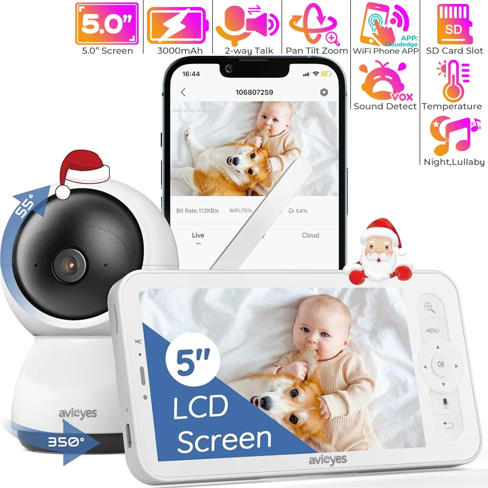 5" Baby Phone 1080P WiFi Baby Monitor Via Screen and App Control PTZ Baby Camera Night Vision, 2-Way Talk, Cry& Motion Detection