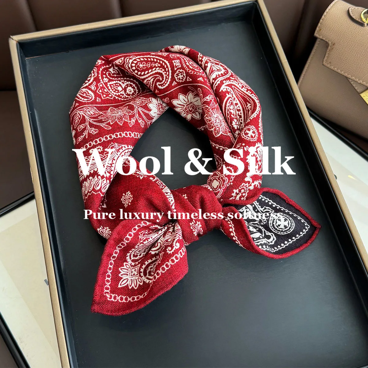 

82% wool 18% Real Silk Scarf Paisley Wrap Shawl Luxury Women Bandana Hijab Headband Square Scarves Poncho Hairband Neckerchief