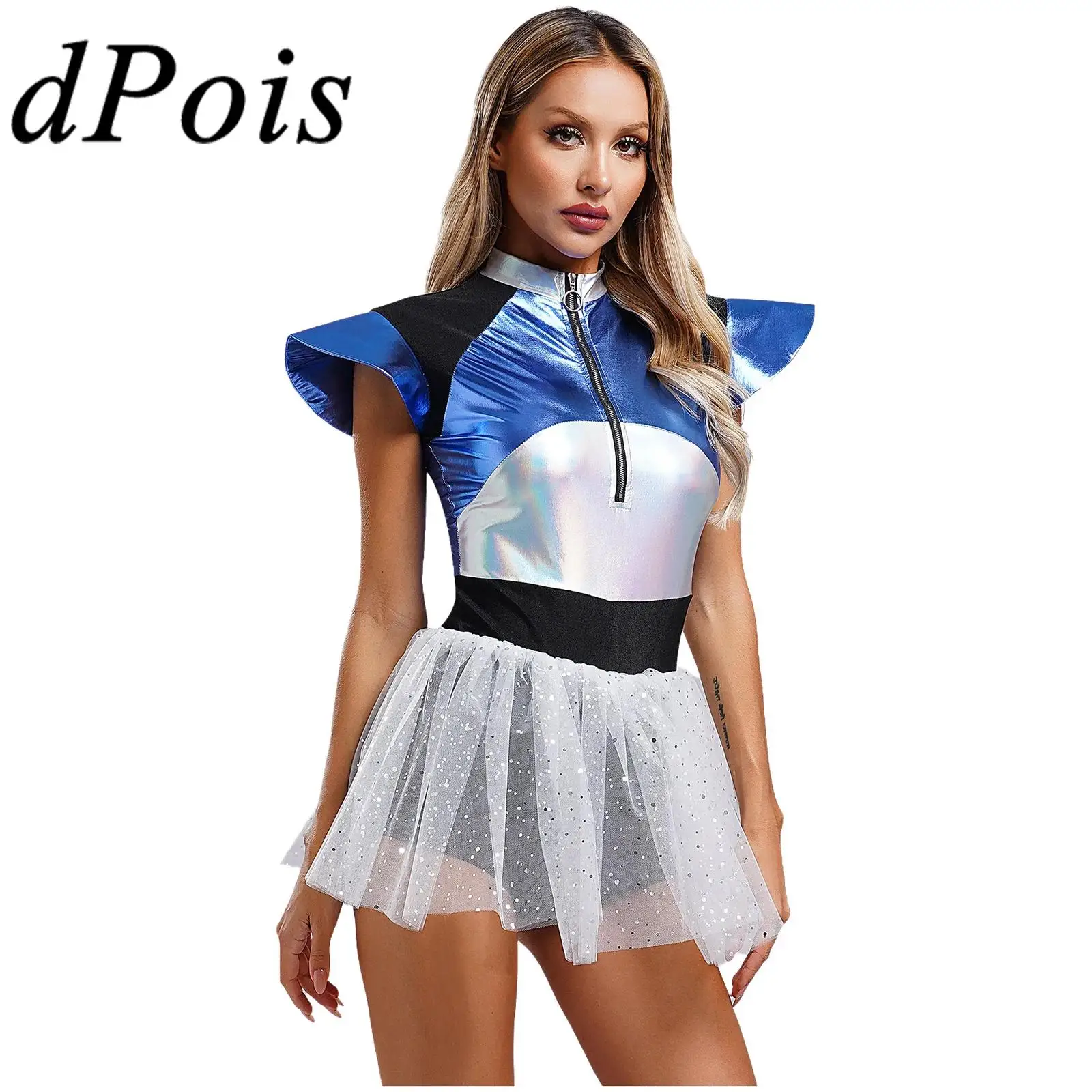 Womens Space Astronaut Cosplay Costume Halloween Alien Role Play Bodysuit Sequined Tulle Skirt Jumpsuit theme Party Dress Up