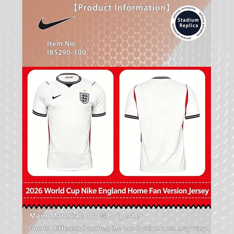 

Nike Dri-FIT Unisex 2026 World Cup England Home Fan Version Quick-Dry Soccer Jersey Short Sleeve T-Shirt IB5290-100