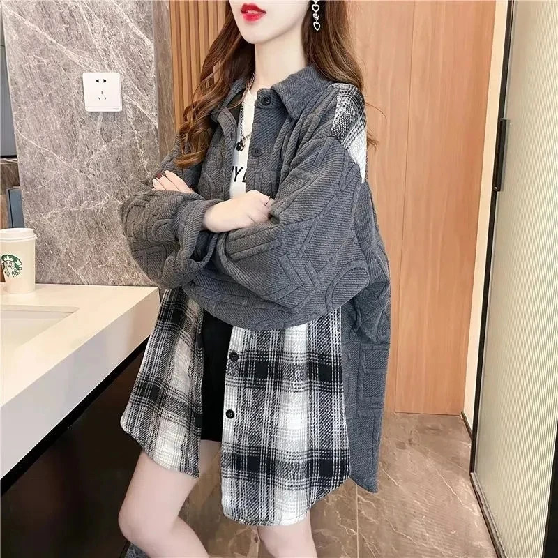 

2024 Spring Autumn Mid Length Design With Plaid Patchwork Lapel Shirt For Female Students New Korean Version Cardigan Blouse