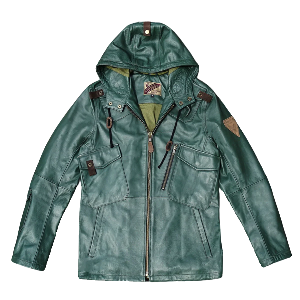 Hooded Hunting Jacket, 9-Pocket Men's Field Hooded Genuine Leather Trench Coat, Top Grain, Bengal Cowhide real leather