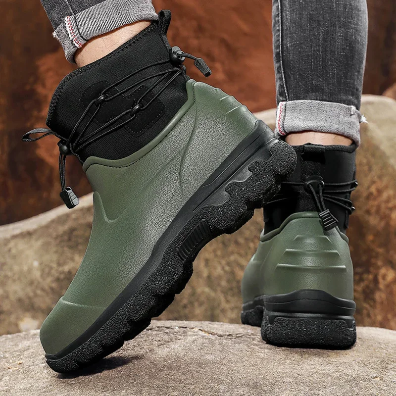 

Men's Rain Shoes Leather Top Thick Sole High Top Anti Slip Water Shoes Outdoor Mountaineering Plush Warm Boots Work Safety Boots