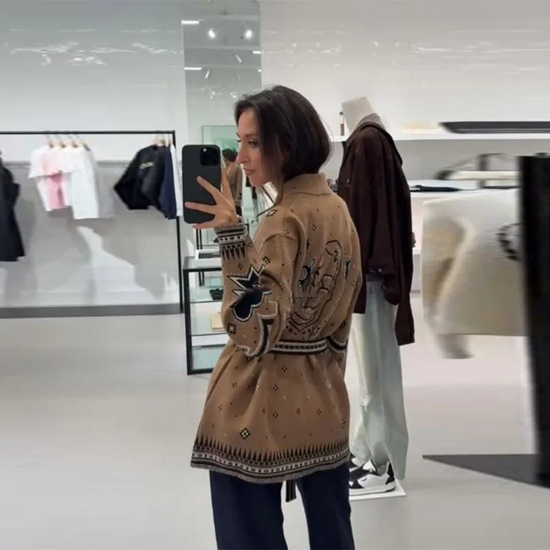 المألوف الرجعية المطبوعة سترة مشغولة من الصوف الدانتيل يصل العصرية مصمم الإناث أنيقة أعلى أنيق أنيق المرأة الخريف الشارع ارتداء #5