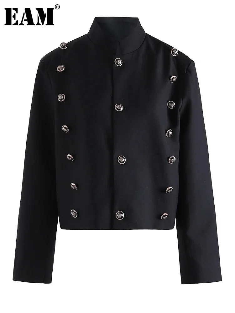 

[EAM] Black Buttons Big Size Casual Jacket New Stand Collar Long Sleeve Women Coat Fashion Tide Spring Autumn 2024 CPG1213