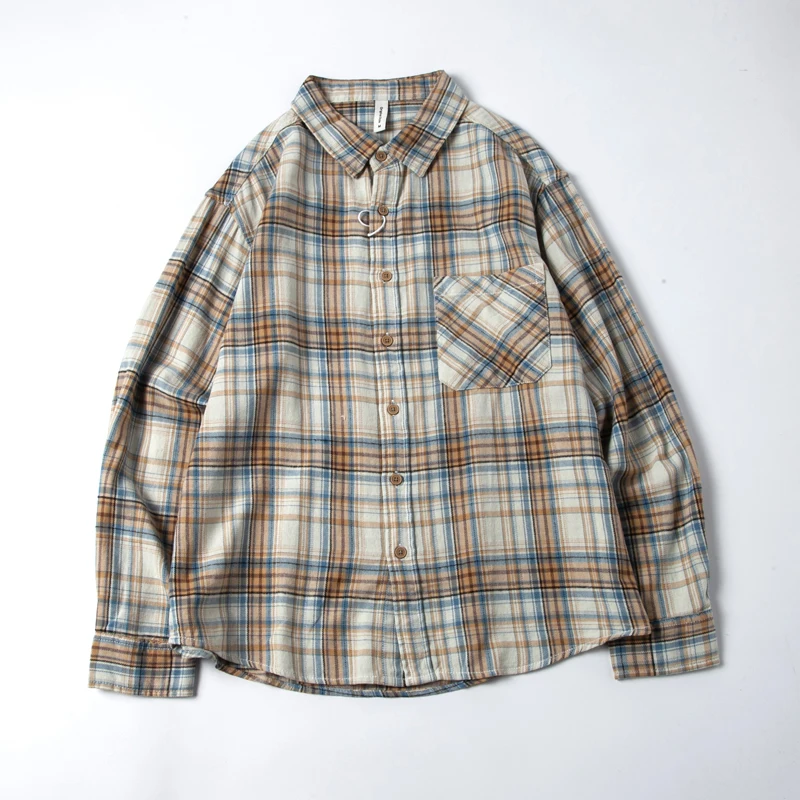 American Vintage Contrasting Plaid Long Sleeve Shirt Men Spring Autumn Trendy Brand Loose Casual Couple Workwear Check Tops