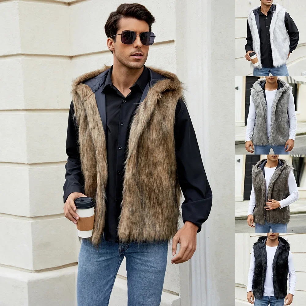 

Men Hooded Vest V Neck Faux Fur Jackets Sleeveless Elegant Splice Vests Cardigan Hoodies Casual High Street Autumn Winter
