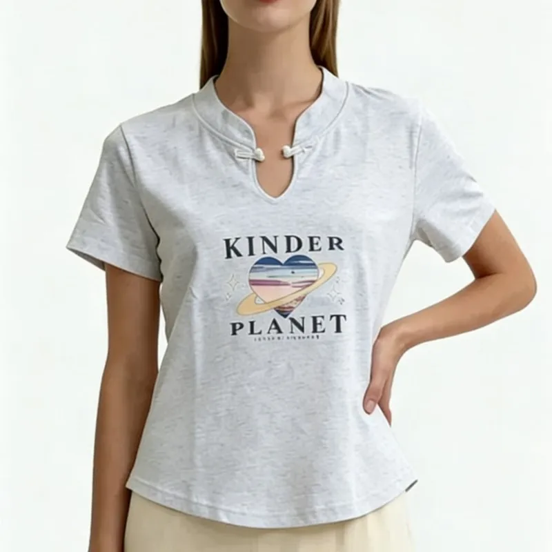 Women's Cotton Slim Fit T-Shirt Short Sleeve Curved Hem Casual Fashion Short Tops Knot V Neck Tees Ladies Black Gray Pink
