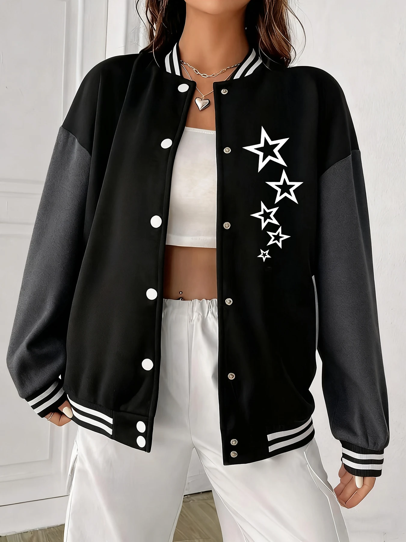 

Gradient Star Cluster Casual Outerwear Womens Baseball Jacket Hip-Hop Street Clothing Loose Fleece Tracksuit Warm Fleece Coats