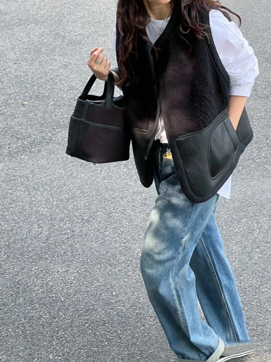 Street Sle Faionable gelaagd lamsbontvest dames herfst winter ontwerp uniek patchwork lederen jaet bovenkleding trendy