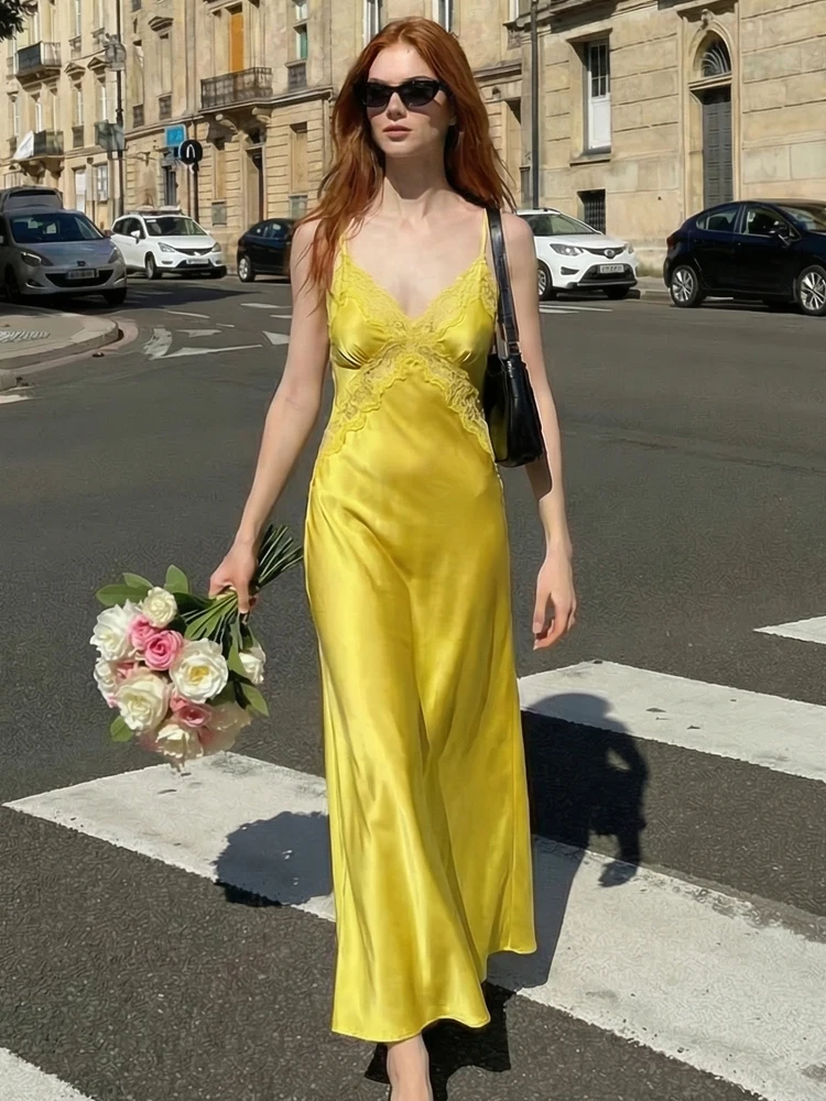 Hh moda feminina sexy cetim renda estilingue midi vestidos primavera verão feminino sem costas sem mangas com decote em v elegante vestido de festa à noite