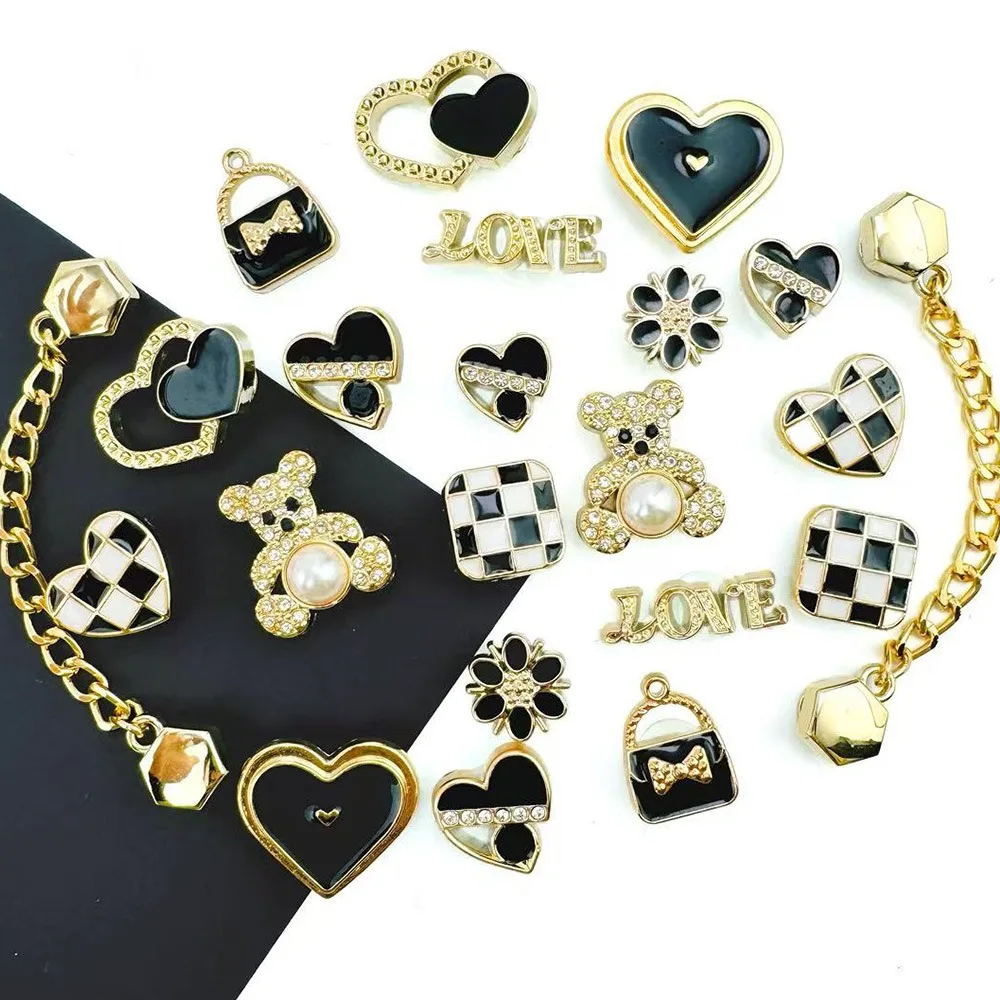 22PCS Shoe Charms Set Golden Bear Letter Heart-shaped Chain Shoe Decorations Buckle for Sandals Clogs DIY Accessories Gifts