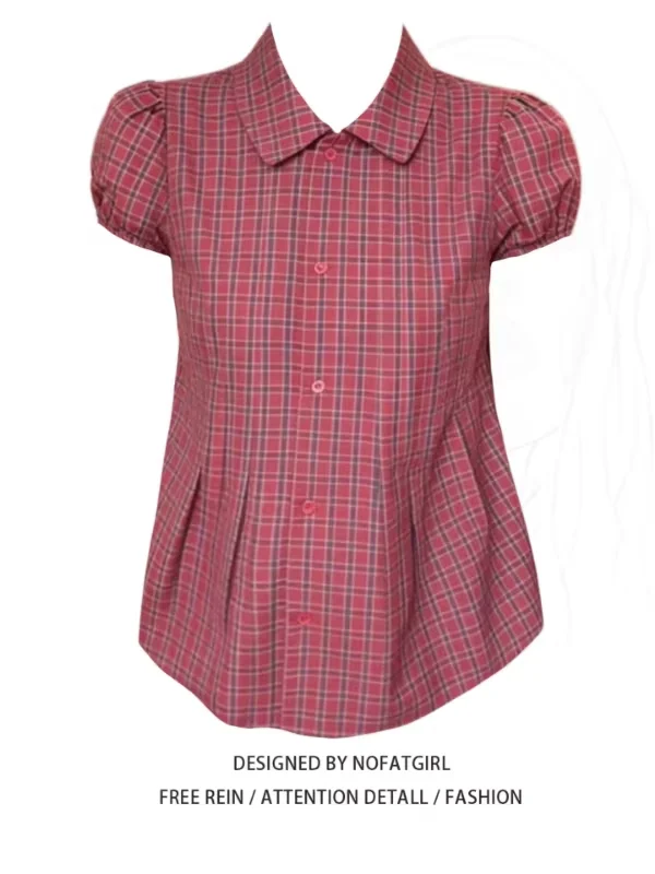 

Женская летняя рубашка больших размеров с милым клетчатым воротником-стойкой, приталенный топ в школьном стиле, повседневный, с рукавами-фонариками, из полиэстера