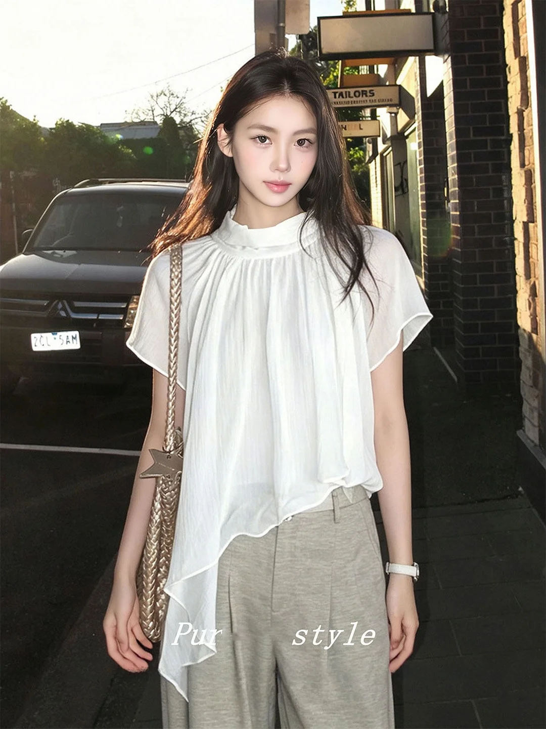 

Minimalist Elegant 2026 New Summer Chiffon Shirt Women's Short Sleeve Asymmetrical Flounce Top Trendy Breathable Skin-friendly