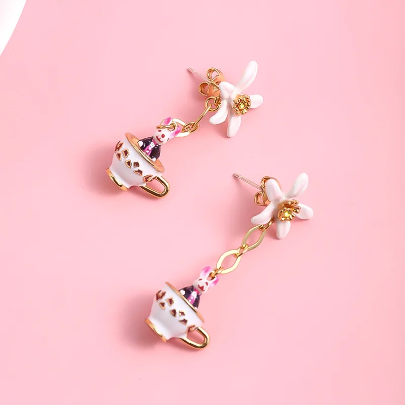 Fashion Cute Animal Teacup Dangle Handpainted Enamel White Flower Stud Earrings for Women, Little Bunny Cartoon Creative Earring