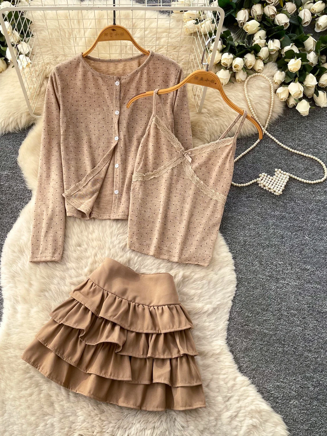 Korean Sweet Style Knitted Cardigan Strap Vest  Skirt Three-Piece Set Women's Autumn Slimming Ensemble Anti-Aging Outfit