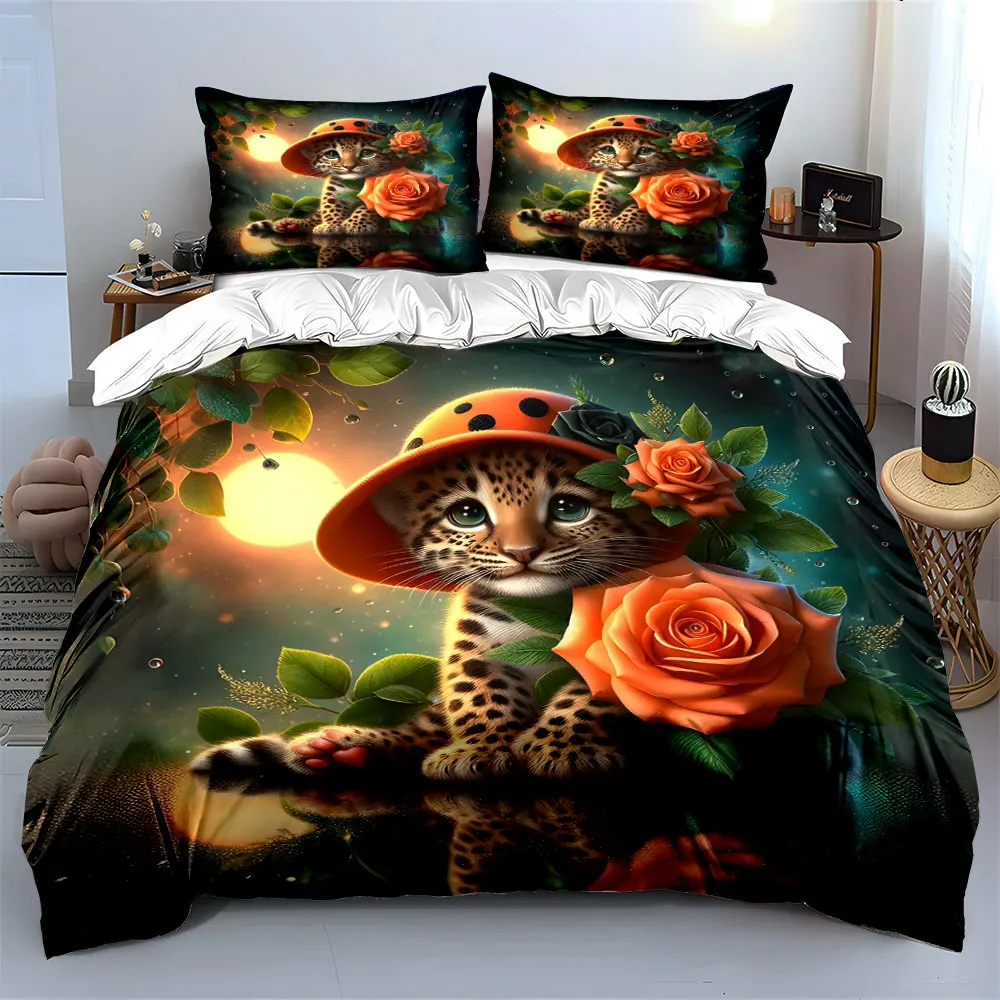 Leopard Kitten Decor Set Multiple sizes kid's and adults' bedroom Exquisite 3PC bedding set, gift