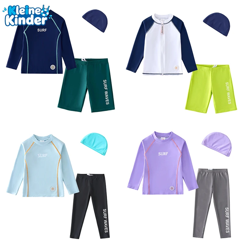 Kids Rash Guard Set UPF 50+ Anti-UV Long Sleeve Swim Shirt Swim Pants Cap 3 Pcs Boys Girls Bathing Suit Beach Pool Surf Swimwear
