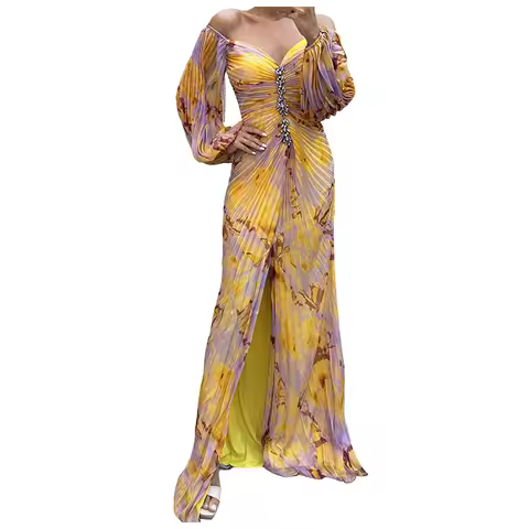 Ladies Gathering Long Sleeved Dress Pleated Slim Evening Party Dress For Women Chic Gala Graduation Dresses Vestidos Para Mujer