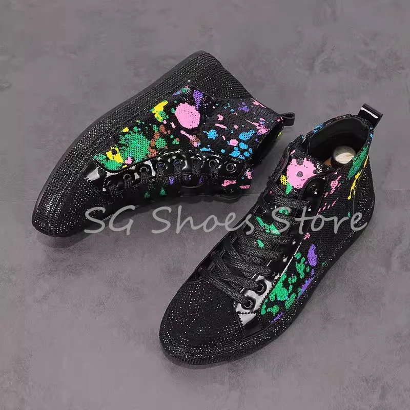 Fashion Sequined High Top Male Ankle Boots Mixed Color Graffiti Prints Motorcycle Ankle Boots for Men Casual Shoes Lace-Up Boots