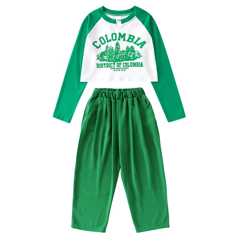 Meninas Hip Hop Colheita Verde Top, Camiseta de Manga Comprida, Calça Casual, Traje de Dança Infantil, Streetwear Adolescente, Roupas para 6, 8, 10, 12, 13, 14 anos