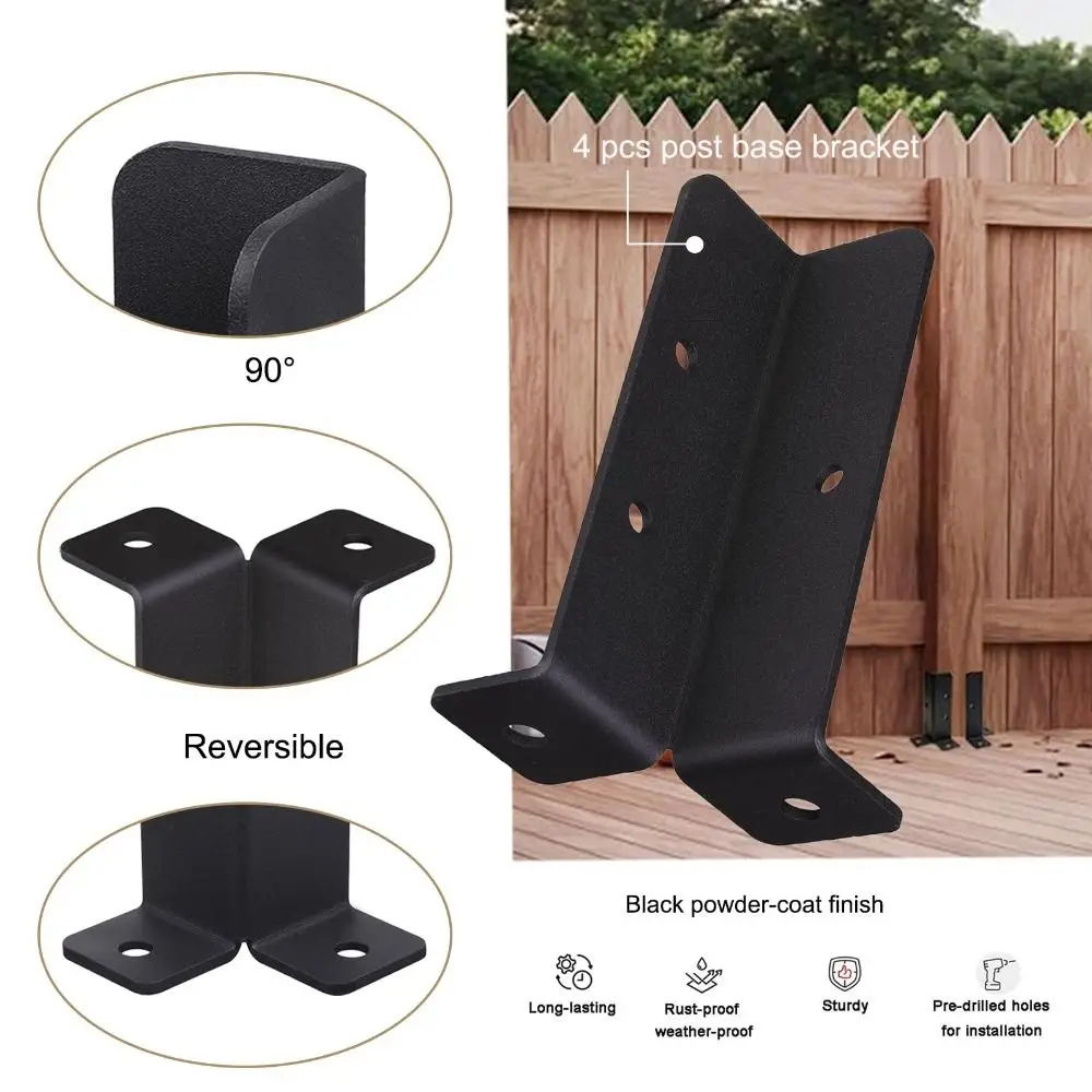4pcs Adjustable Post Base Brackets Corrosion Resistant Black Fence Post Base Support with Screw Metal Pergola Post Base Brackets