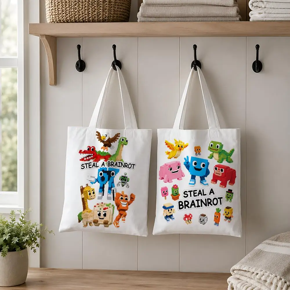 Steal A Brainrot Character Crew Storage Bags Canvas Tote Reusable Shoulder Carry For Shopping Travel Work And School