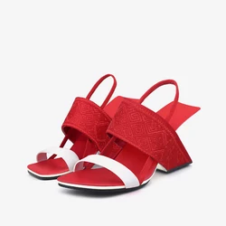 Red sandal peep toe 8cm strange high heels breathable cozy black red gray daily wear slip on women sandals HL503 MUYISEXI