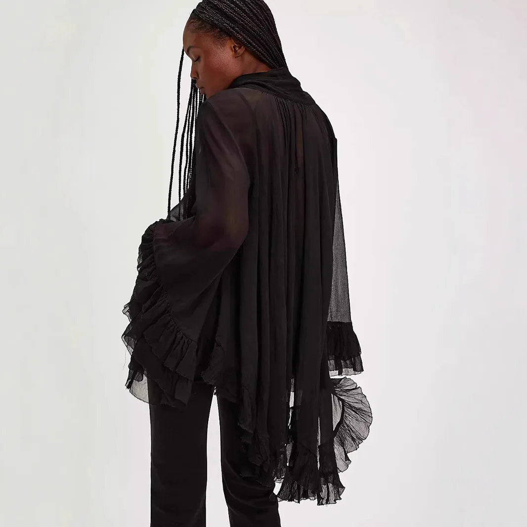 Sexy Chiffon Puff Long Sleeve Ruffles Blouse Summer Lady Tops Women White Shirts V Neck Elegant Shirt Woman Fashion Female Blusa