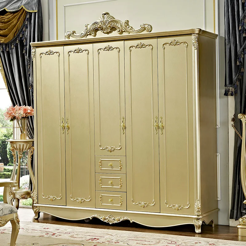 

Wardrobe simple household five-door solid wood simple large wardrobe champagne gold locker carved wooden wardrobe